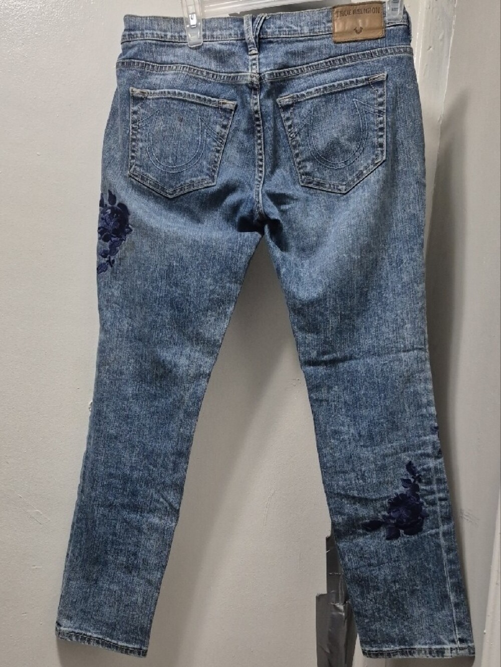 True Religion Light Blue Straight Leg Jeans with Navy Floral Embroidery - Picture 2 of 5